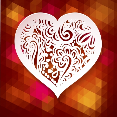 White paper hearts Valentines day card on red geometric pattern backgroundのイラスト素材