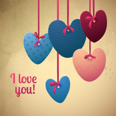 Happy Valentine's Day! Paper retro hearts on the ribbons. のイラスト素材