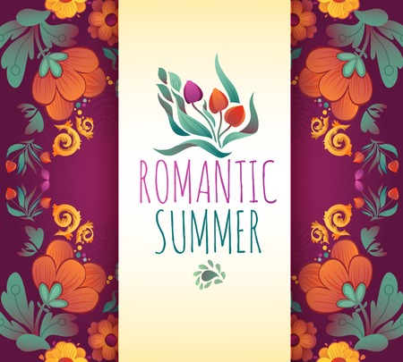 Beautiful greeting card with floral wreath  Bright illustration, card for wedding, birthday and other holiday and cute summer background のイラスト素材