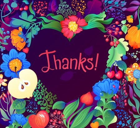 Floral Heart Pattern "Thanks". Apples, flowers, tulip, poppy, chrysanthemum, green leavesのイラスト素材
