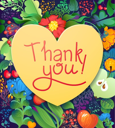 Floral Heart Pattern "Thank you". Apples, flowers, tulip, poppy, chrysanthemum, green leavesのイラスト素材