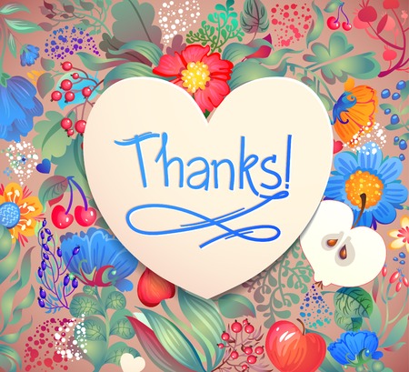 Floral Heart Pattern "Thanks". Apples, flowers, tulip, poppy, chrysanthemum, green leavesのイラスト素材
