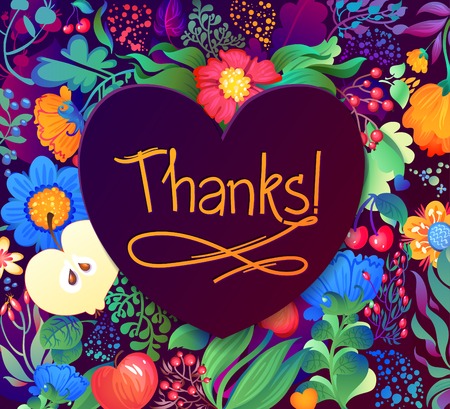 Floral Heart Pattern "Thanks". Apples, flowers, tulip, poppy, chrysanthemum, green leavesのイラスト素材