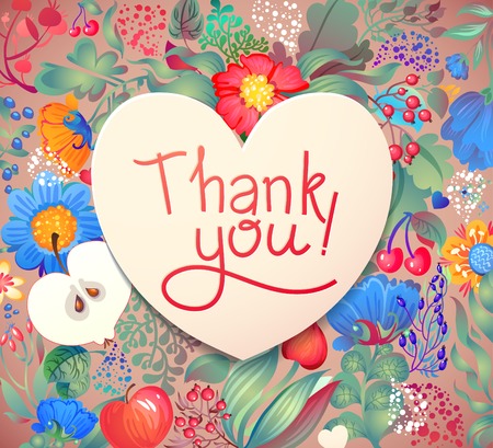 Floral Heart Pattern "Thank you". Apples, flowers, tulip, poppy, chrysanthemum, green leavesのイラスト素材