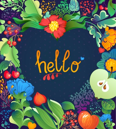 Floral Heart Pattern "Hello". Apples, flowers, tulip, poppy, chrysanthemum, green leavesのイラスト素材