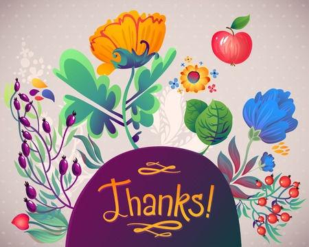 Floral Heart Pattern "Thanks". Apples, flowers, tulip, poppy, chrysanthemum, green leavesのイラスト素材