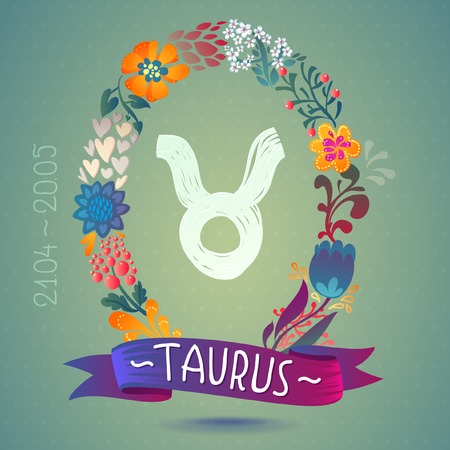 Zodiac sign TAURUS, in a sweet floral wreath  Horoscope sign, flowers, leaves and ribbonのイラスト素材