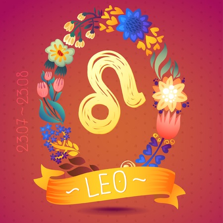 Zodiac sign LEO, in a sweet floral wreath  Horoscope sign, flowers, leaves and ribbonのイラスト素材