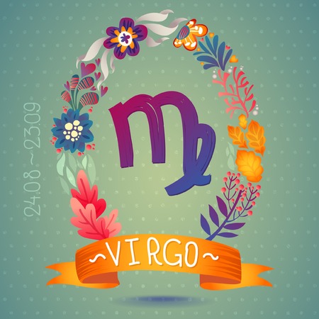 Zodiac sign VIRGO, in a sweet floral wreath  Horoscope sign, flowers, leaves and ribbonのイラスト素材