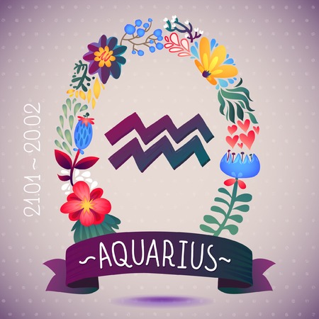 Zodiac sign AQUARIUS, in a sweet floral wreath  Horoscope sign, flowers, leaves and ribbonのイラスト素材