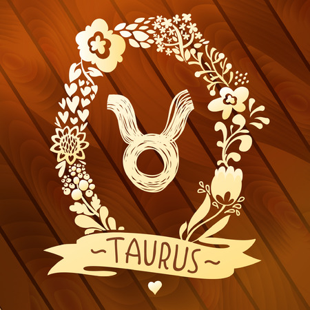 Zodiac sign Taurus, in a sweet gold floral wreath on vector wood planks  Horoscope sign, flowers, leaves and ribbon のイラスト素材