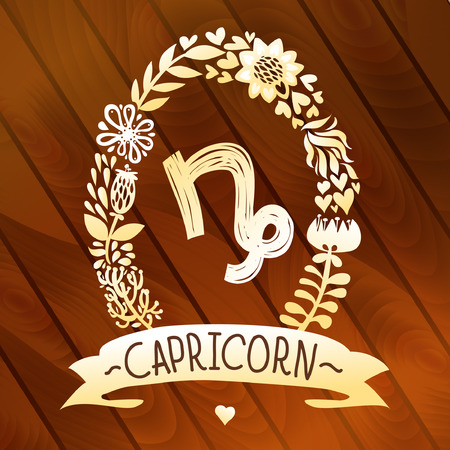 Zodiac sign Capricorn, in a sweet gold floral wreath on vector wood planks  Horoscope sign, flowers, leaves and ribbon のイラスト素材