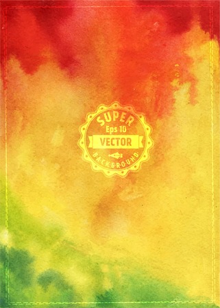Abstract watercolor art hand paint background stains. Square red-orange- green watercolour banner with badgeのイラスト素材