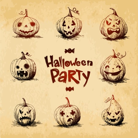 Collection of Jack O'Lanterns drawn in a sketch styleのイラスト素材