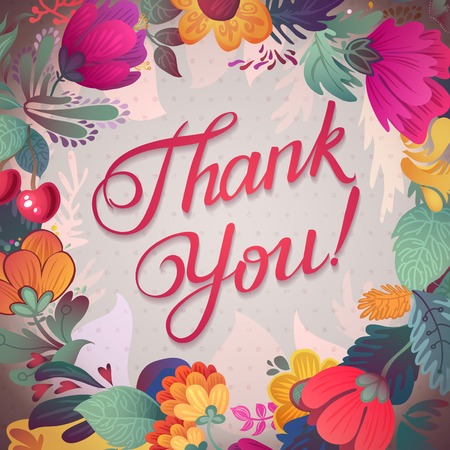 Thank you card in bright colors. Stylish floral background with text, berries, leaves and flowerのイラスト素材