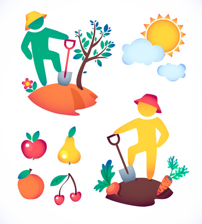 vector illustration man planting a tree and admire the sun.  gardener and his garden under the hot sunのイラスト素材