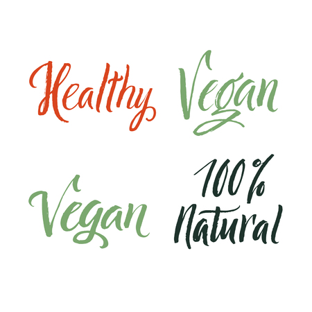 Vegan. 100 Percent Natural. Healthy. Hand Drawn Calligraphy Set on White Background.のイラスト素材