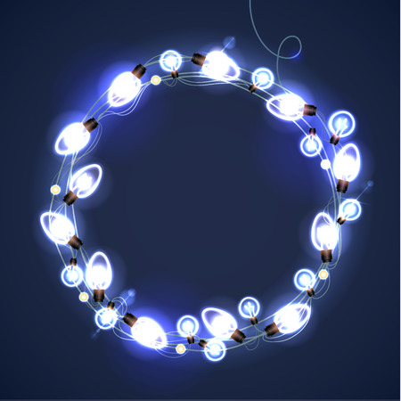 Christmas and New Year Garland Light Design on Blue Background. Holiday lights. Vector illustration.のイラスト素材