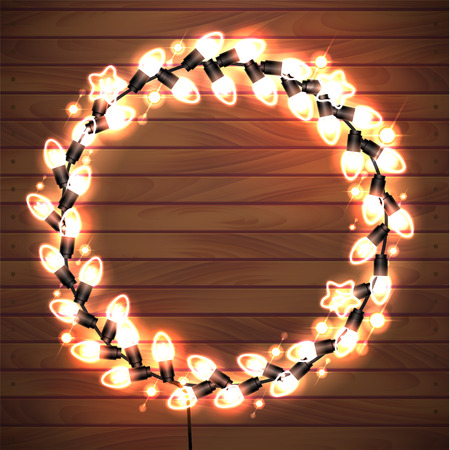 Christmas and New Year Garland Design Wooden Background. Christmas Lights Vector illustration.のイラスト素材