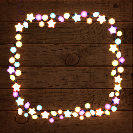 Christmas and New Year Garland Design Wooden Background. Christmas Lights Vector illustration.のイラスト素材