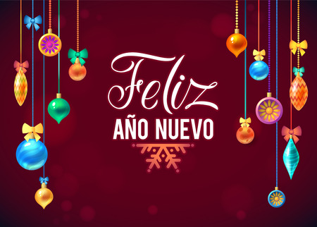 Happy New Year Spanish Card. Decorated frame on Red Background. Space for your Text. Vector Illustration. Glass Christmas toy decoration.のイラスト素材