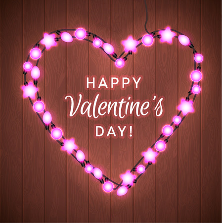 Happy Valentine`s Day. Wood Background with Bright Lights Garland.のイラスト素材