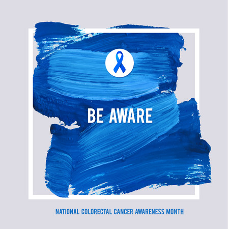 COLORECTAL Cancer Awareness Creative Grey and Blue Poster. Brush Stroke and Silk Ribbon Symbol. National Colon Cancer Awareness Month Banner. Brush Stroke and Text. Medical Square Design.のイラスト素材