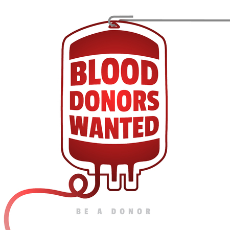Creative Blood Motivation Information Donor Poster. Blood Donation. World Blood Donor Day banner. Red Blood Bag and Text. Medical design elements. Be a donorのイラスト素材