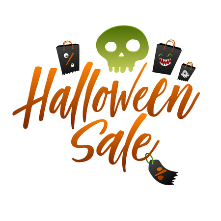 Halloween Sale vector banner with lettering and holiday symbols skull ans black paper bags.のイラスト素材
