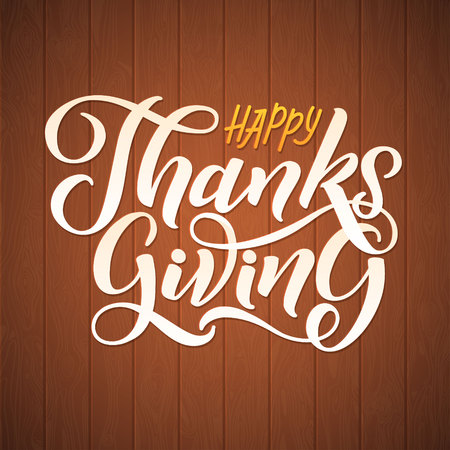 Happy Thanksgiving Day hand-lettering text. Handmade vector calligraphy on Wood Background with Pumpkins.のイラスト素材