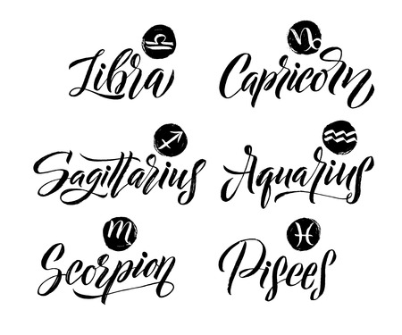 Calligraphy Zodiac Signs Set. Hand drawn horoscope astrology symbols, letterings grunge texture design, vector illustration white background.のイラスト素材
