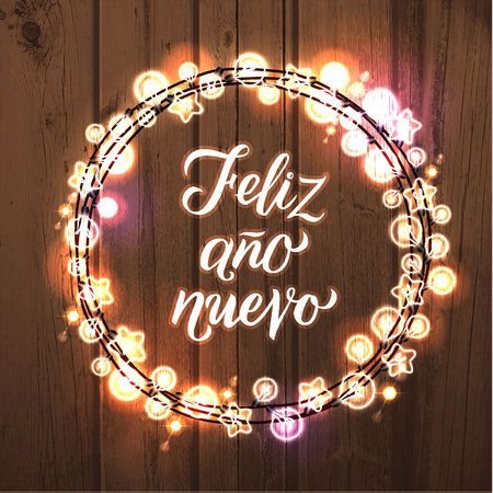 Feliz Ano Nuevo! Spanish Happy New Year. Glowing Christmas White Lights Wreath for Xmas Holiday Greeting Card Design.のイラスト素材