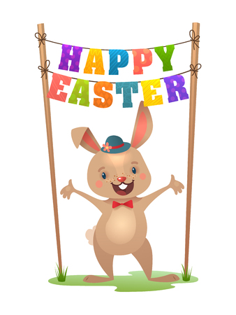 Happy Easter Greeting Card with Bunny and Letter Garland. Cute Easter Bunny with Colorful Egg. Vector illustration.のイラスト素材
