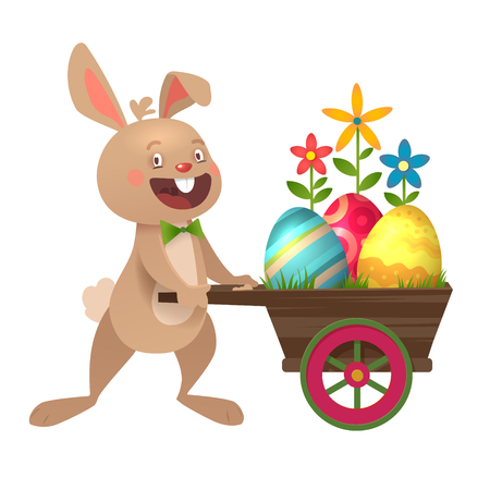 Happy Easter greeting card with Eggs, Cart and Bunny. Cute Easter Bunny with colorful eggs. Vector illustration.のイラスト素材