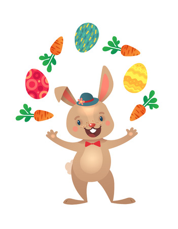 Happy Easter Greeting Card with Bunny and Flying Eggs. Cute Easter Bunny with Colorful Egg ans Carrots. Vector illustration.のイラスト素材