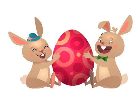 Happy Easter greeting card with Egg and Bunnies. Brown Cute Easter Bunnies with Colorful Egg.のイラスト素材