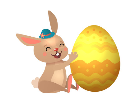 Happy Easter greeting card with Egg and Bunny. Funny Brown Cute Easter Bunny with Colorful Egg.のイラスト素材