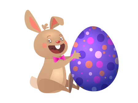 Happy Easter greeting card with Egg and Bunny. Funny Brown Cute Easter Bunny with Colorful Egg. Vector illustration.のイラスト素材