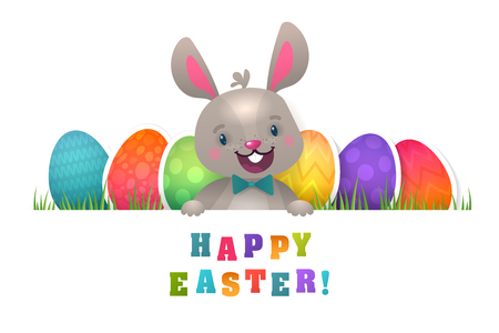 Happy Easter Greeting Card with Smiling Bunny, Coloring Eggs and Spring Grass. Cartoon Character for Easter Holiday.のイラスト素材