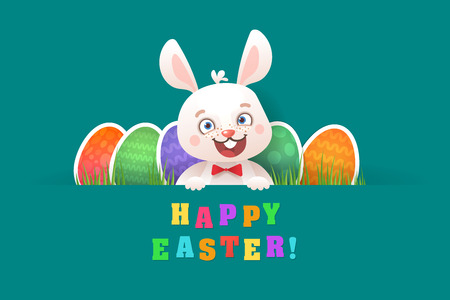Happy Easter Greeting Card with Smiling Bunny, Coloring Eggs and Spring Grass. Cartoon Character for Easter Holiday.のイラスト素材