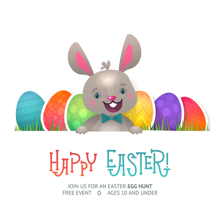 Happy Easter Greeting Card with Bunny and Flying Eggs. Cute Easter Bunny with Colorful Egg.のイラスト素材