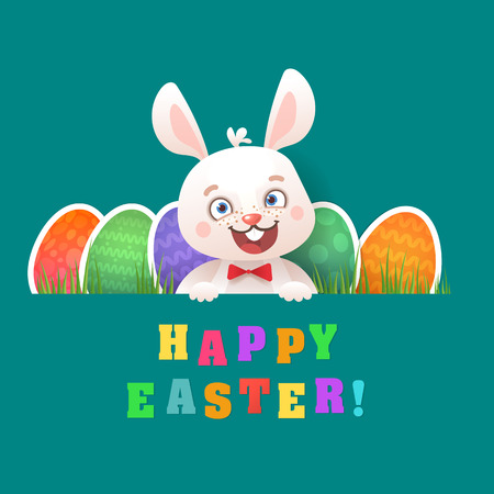 Happy Easter Greeting Card with Bunny and Flying Eggs. Cute Easter Bunny with Colorful Egg.のイラスト素材