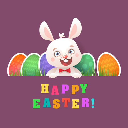 Happy Easter Greeting Card with Bunny and Flying Eggs. Cute Easter Bunny with Colorful Egg.のイラスト素材