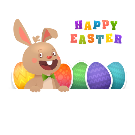 Happy Easter Greeting Card with Bunny and Flying Eggs. Cute Easter Bunny with Colorful Egg.のイラスト素材