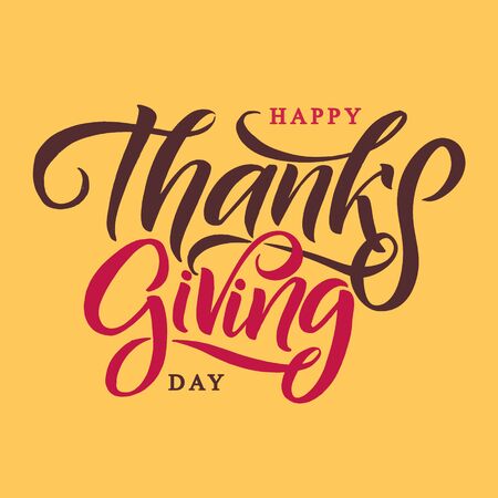 Vector illustration Hand lettering modern brush pen text of Happy Thanksgiving Day isolated on Yellow background. Handmade calligraphy.のイラスト素材