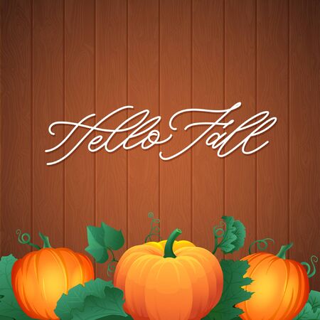 Happy Thanksgiving day leaves and pumpkin banner on wood background. pumpkin vegetable with green leaves vector illustrationのイラスト素材