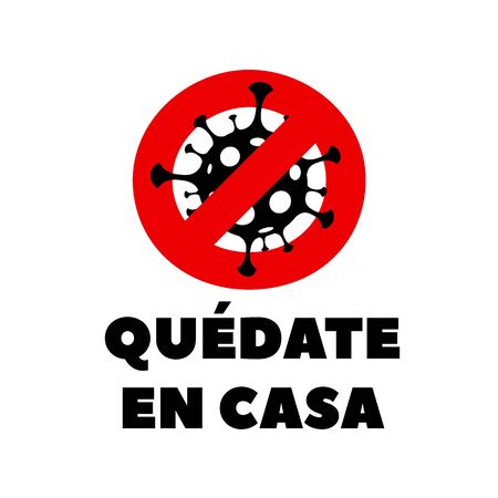 Spanish Covid-19 Coronavirus Poster. Coronavirus COVID-19 virus symbol. COVID-19. Icon. Novel coronavirus outbreak. Prevention of covid. Global pandemic alert. Translation: Stay at Home.のイラスト素材