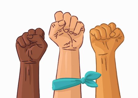 Hand Symbol of Feminism Movement. Woman Hands with their fist raised up. Girl Power Sign on White Background. Stock Vector Illustration.のイラスト素材
