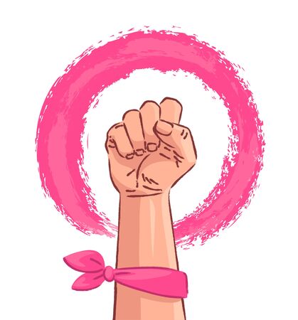 Hand Symbol of Feminism Movement. White Woman Hand with her fist raised up. Girl Power Sign on White Background. Stock Vector Illustrationのイラスト素材