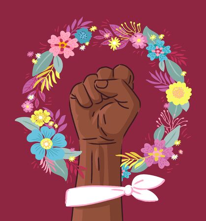Floral Symbol of Feminism Movement. African American Woman Hand with her fist raised up. Wreaht of Flowers. Girl Power Sign on Purple Background. Stock Vector Illustration.のイラスト素材